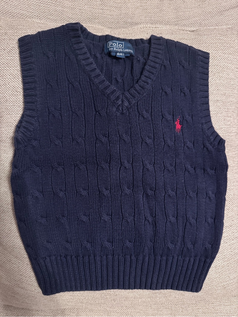 Polo by Ralph Lauren Navy Cable-Knit V-Neck Sweater Vest with Red Pony
